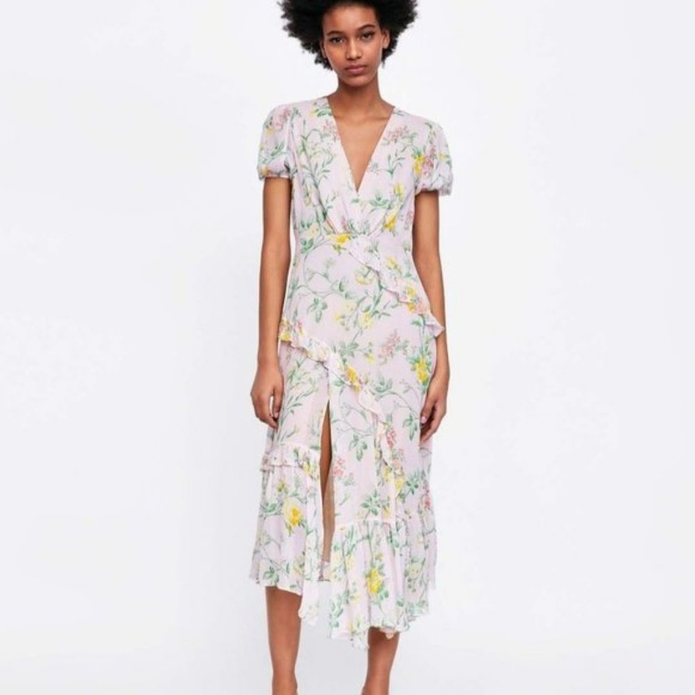 Zara Blush Pink Floral Ruffle Midi Dress